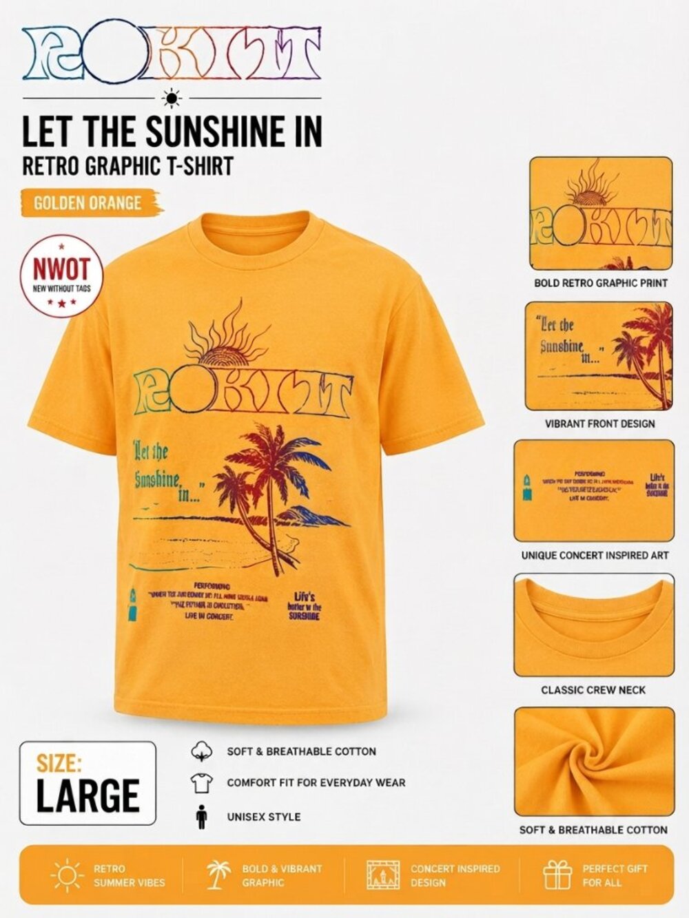NWOT ROKIT Let The Sunshine In Graphic T-Shirt Orange Men's Size L